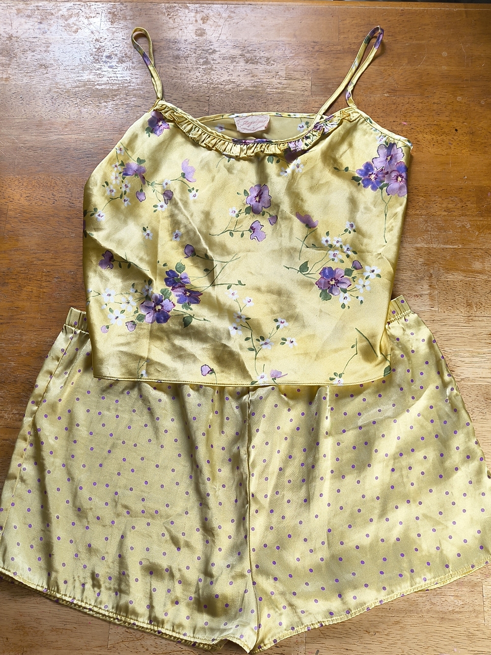 Vintage Angelique 90s yellow and purple floral and polka dot satin pajama set